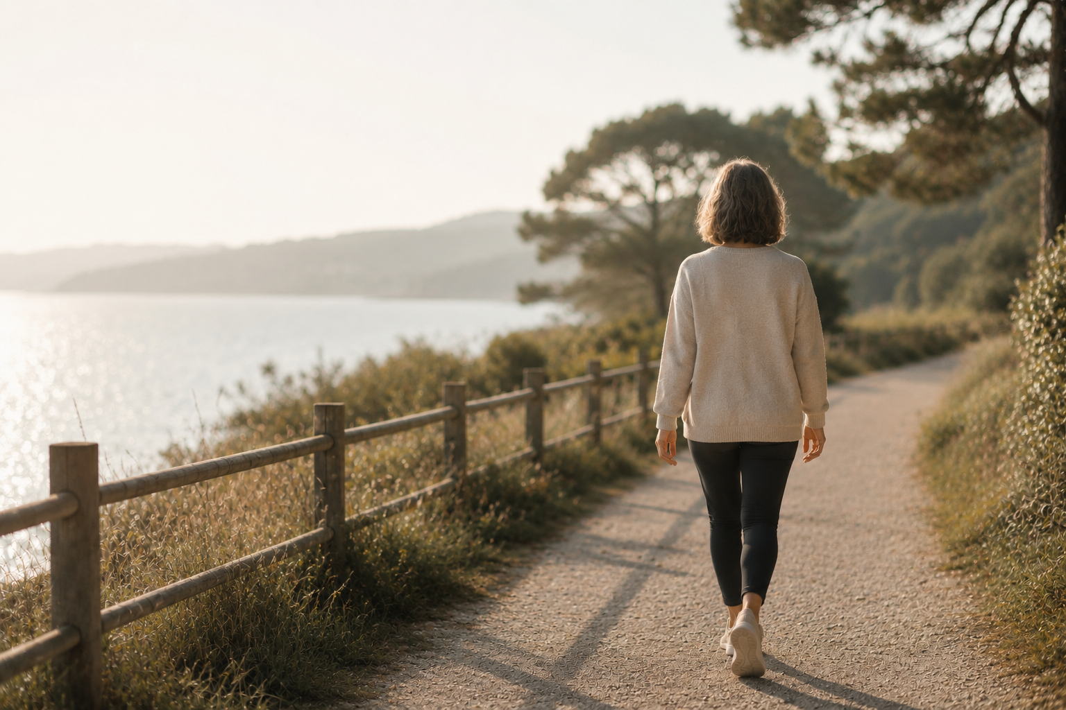 Mujer caminando por un sendero natural rodeado de vegetación, integrando el movimiento diario como parte de su rutina de salud