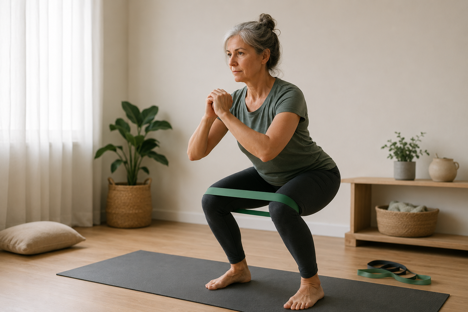 Persona entrenando fuerza en casa con gomas elásticas