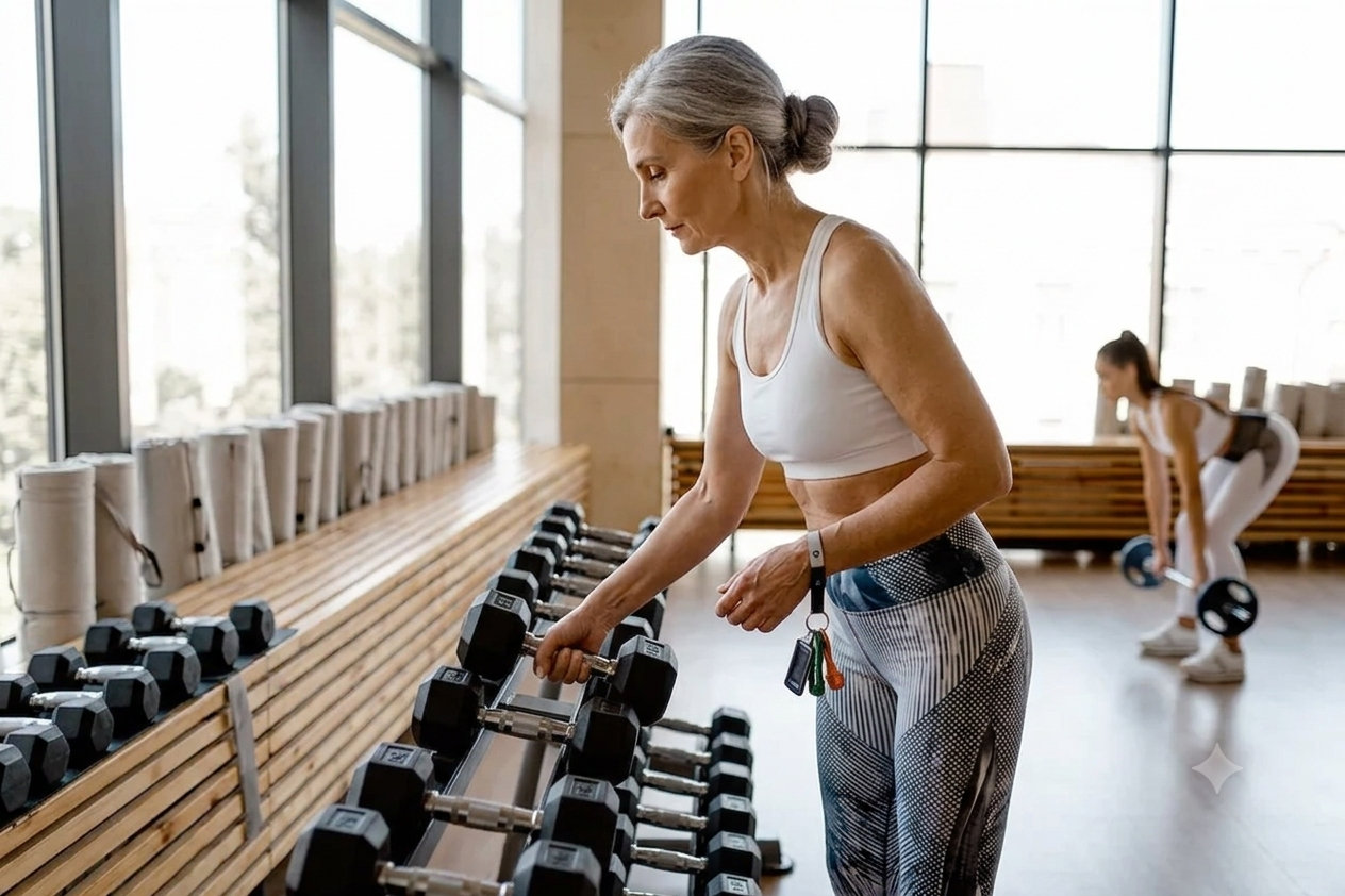 Mancuernas de distintos pesos apoyadas en un banco de gimnasio para elegir la carga correcta
